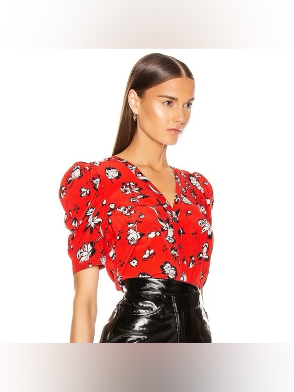 Veronica Beard Red Floral Puff Sleeve 100% Silk Blouse 🌸.